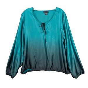 Apostrophe Women's Long‎ Sleeve Blouse Top Tie Front Blue Green Stretch Size XL